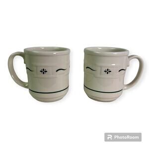 Longaberger Pottery VTG Set 2 Woven Traditions Heritage Green & Ivory Mugs READ